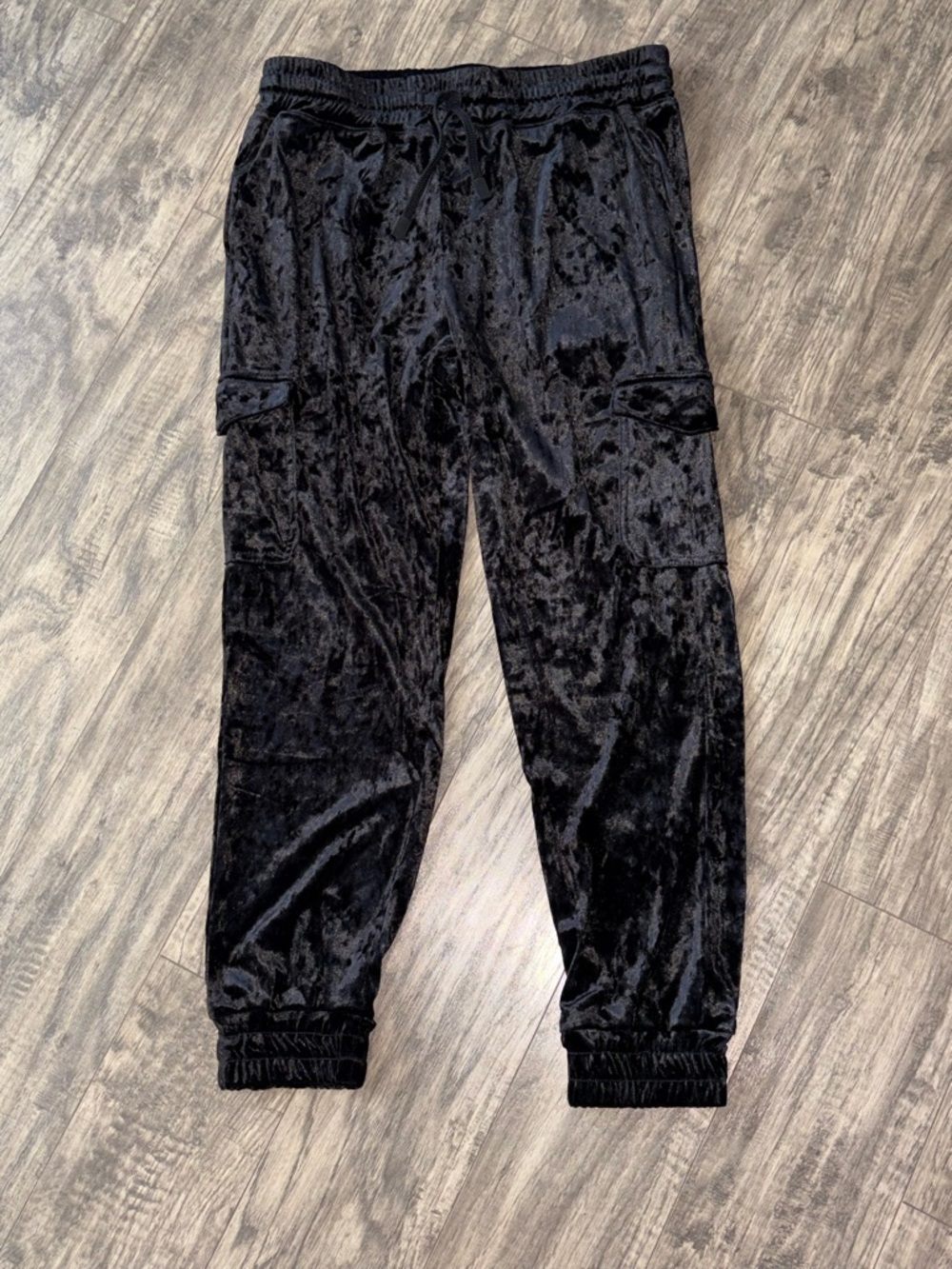 Women's Black Velvet Cargo Jogger Pants - Picture 2 of 3